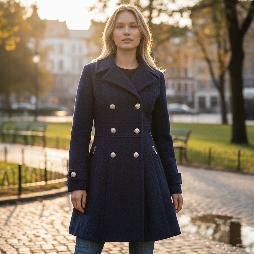 NWOT Guess Pea Coat  XS‎ Navy Blue Excellent Military High Low Wool Blend